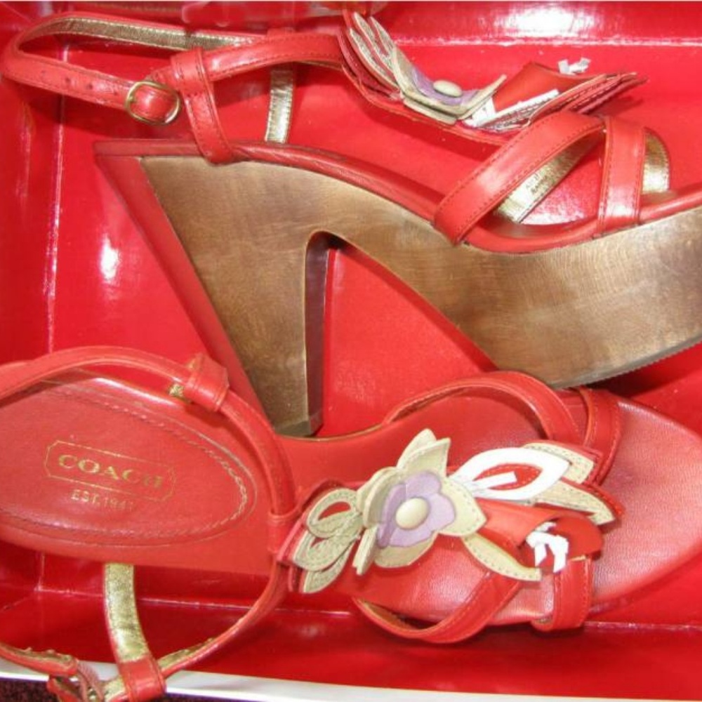 NIB COACH JEANNA VERMILION WOOD PLATFORM SANDALS 9 - Picture 2 of 8
